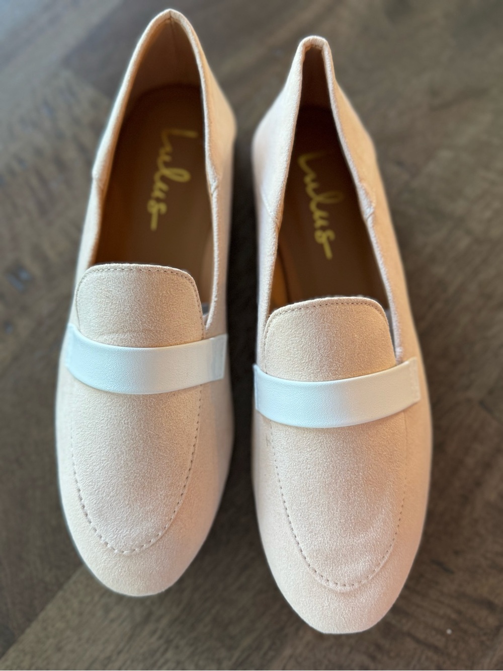 Lulu's Tan Suede Loafers with White Accent Strap - Picture 2 of 3